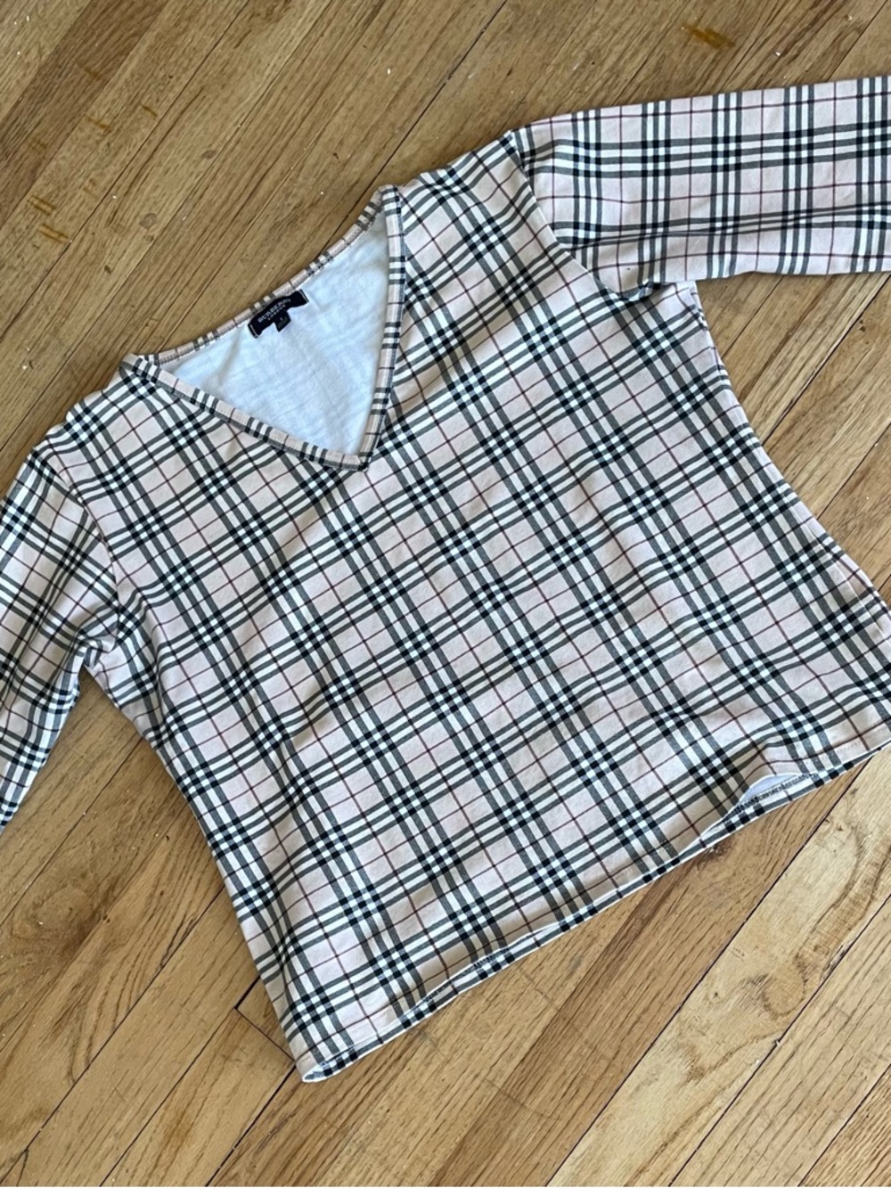 Burberry Beige Plaid V-Neck Top with Black & Red Accents